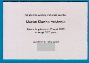 Het inhoud van geboortekaartje van Manon Noort - The content of the birt card of Manon Noort